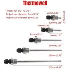 304 Stainless Steel Thermowell 30-200mm Length with G1/2 BSP Thread for Temperature probe Sensor and Heater Systems