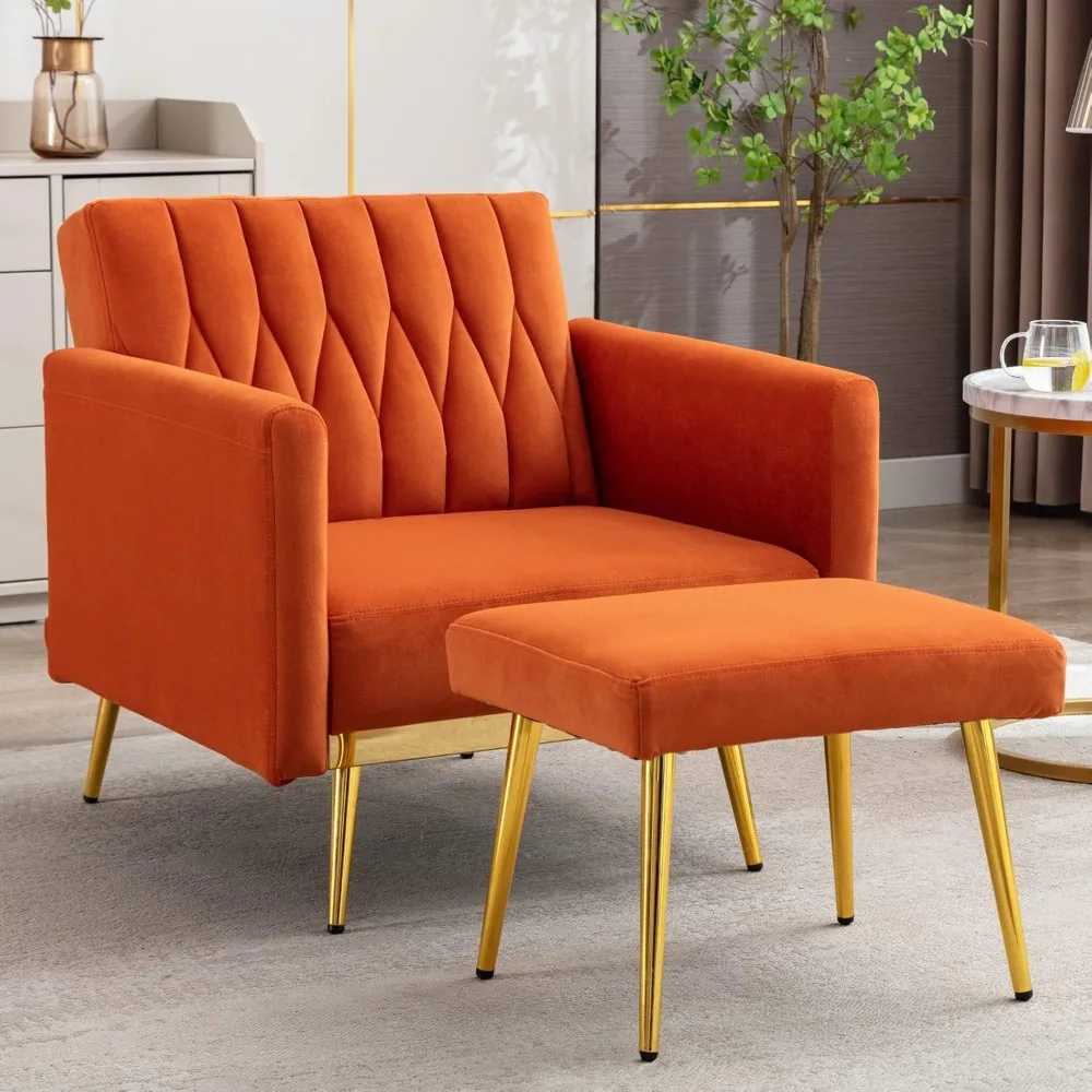 

Modern Velvet Single Sofa Chair with Ottoman, Accent Living Room Chairs with Adjustable Armrests, Upholstered Tufted Loun