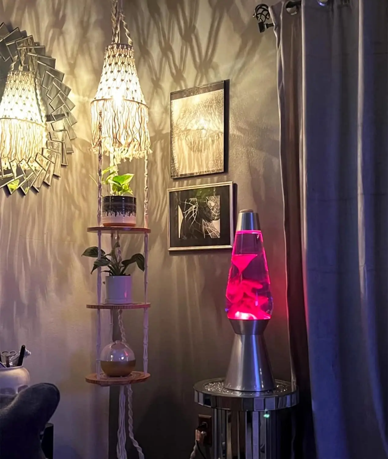 Boho Plug-in Pendant Light with Dimmable Switch and 3-Tier Plant Shelf for Bedroom Living Room Decor