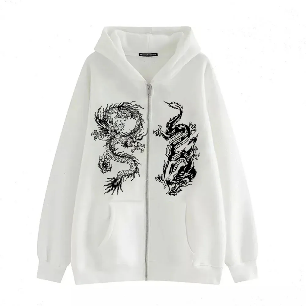 Gothic Streetwear Hoodies Women Sweatshirts Dragon Print Zipper Hip Hop Loose Mens Jacket Autumn Winter Casual Y2K Clothes