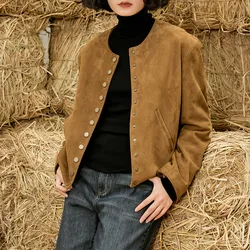 2023 Women Autumn and Winter New Genuine Sheepskin Leather Casual Kid Suede Leather Jacket E82