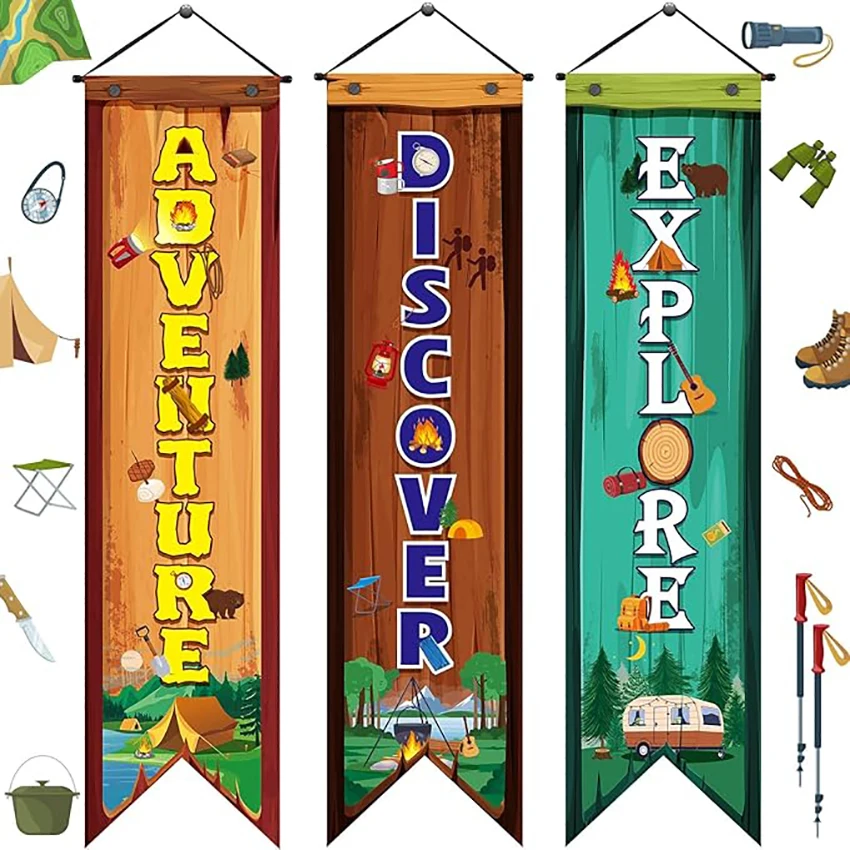 3 Pieces Camping Party Decoration Banner Camping Door Link Logo Camper Adventure Logo Camping Theme Birthday Party