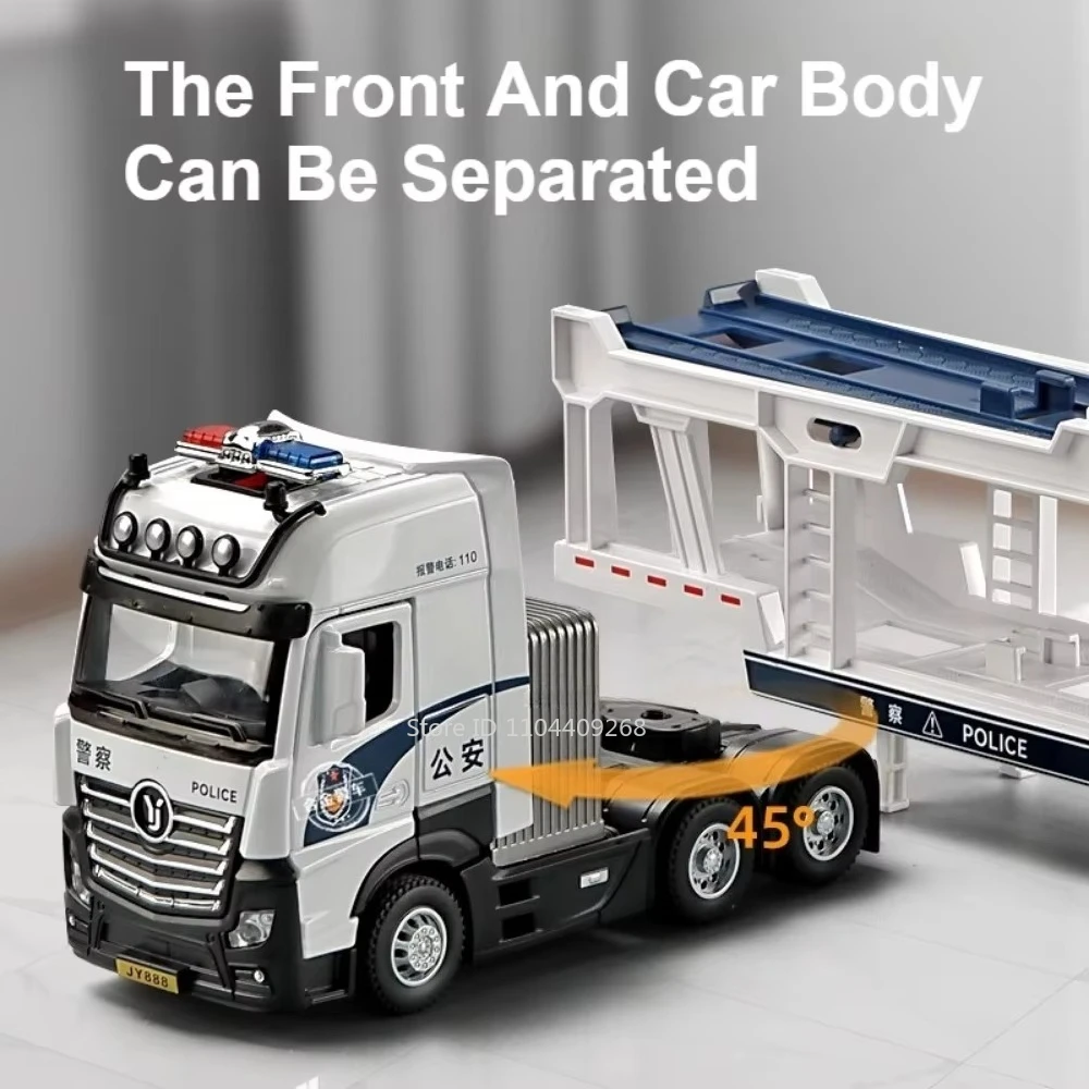 Scala 1:50 Rimorchio della polizia Trasporto Esteso Autocarro con cassone ribaltabile Modello Giocattolo Pressofuso in metallo Suono Luce Tirare indietro Modelli di veicoli Regali per hobby