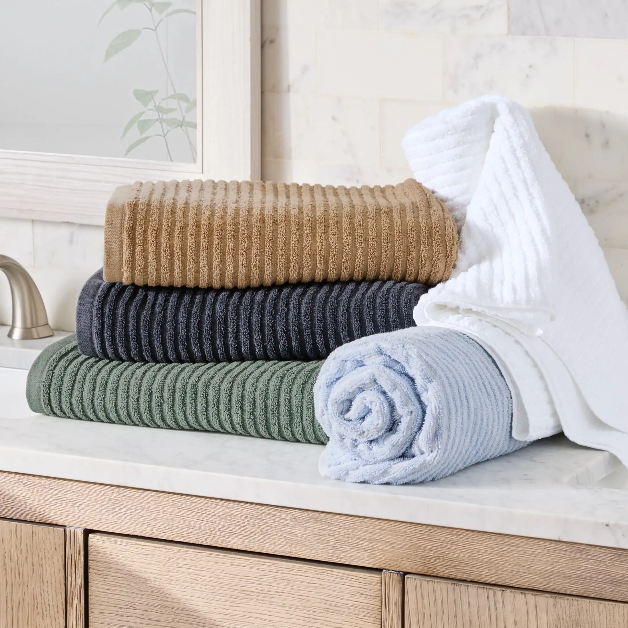 1 Pack Better Homes  Gardens 6‑Piece PowerLoft AIRRICH Bath Towel Set Green Ash Textured Stripe Comfort Towels For Guest And Home Bathroom