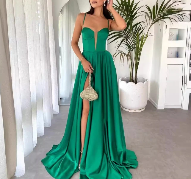 

Women's Dress Elegant Sexy Banquet Dress Wedding Guests Solid Color Spaghetti Strap Tie Details Backless Slit Maxi Dress