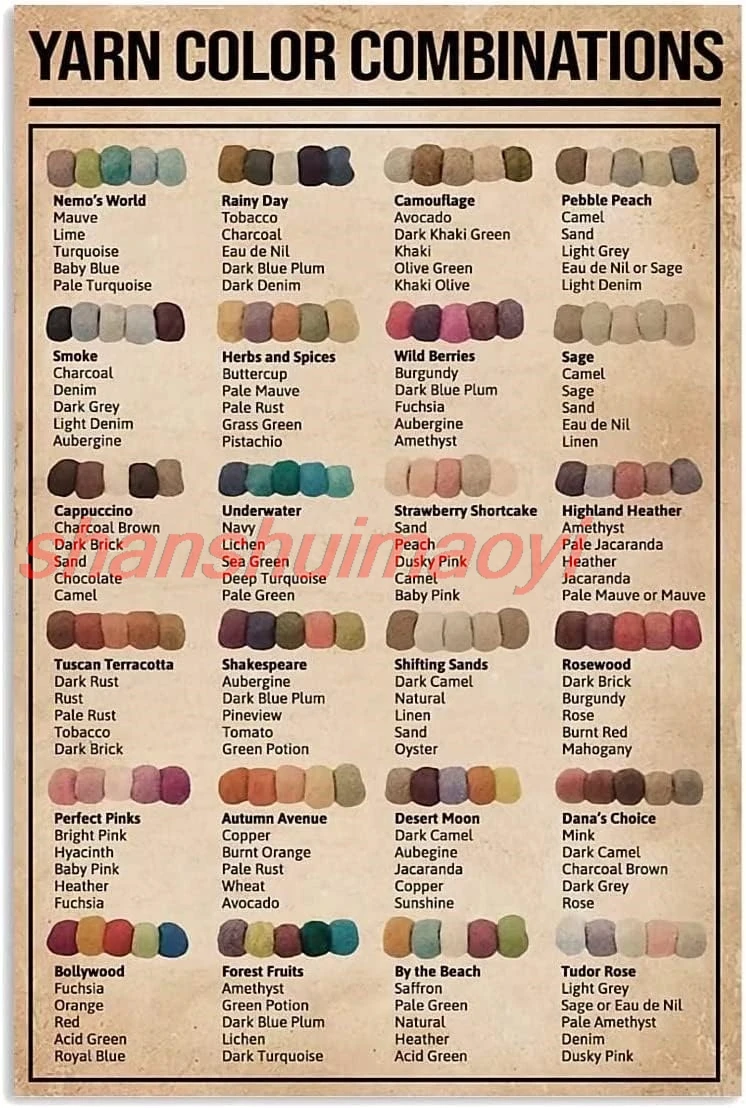 Combinaisons de couleurs de fil, enseignes métalliques, connaissances sur le fil, affiches rétro, guide pour les crocheteurs, enseignes en aluminium, affiches, tricot, 1 pièce.