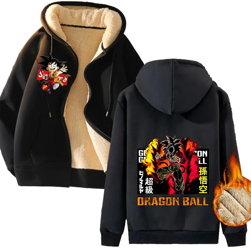 Dragon Ball Winter Hoodies Jacket Men Goku Fleece Thicken Warm Zip-up Tops Sweatshirt Casual Woman Clothing Harajuku Black Coat