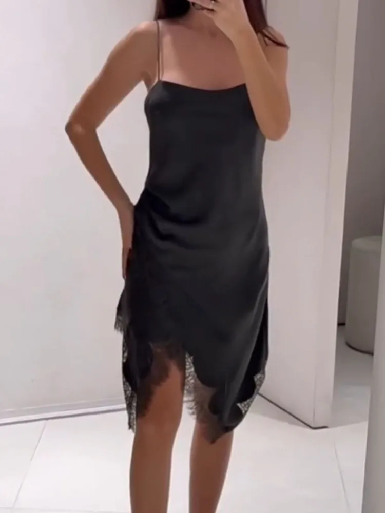 HH Donna Estate Moda Raso di seta Texture Decorazione in pizzo multistrato Abito sexy con fionda Abito longuette elegante e confortevole femminile