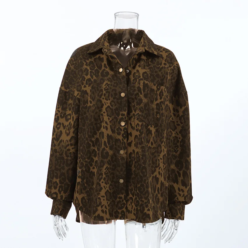 

New 2026 Spring Ladies Fashion Trend Retro American Leopard Print Cotton Jacket Women's Loose Long Sleeve Turn-down Collar Coat