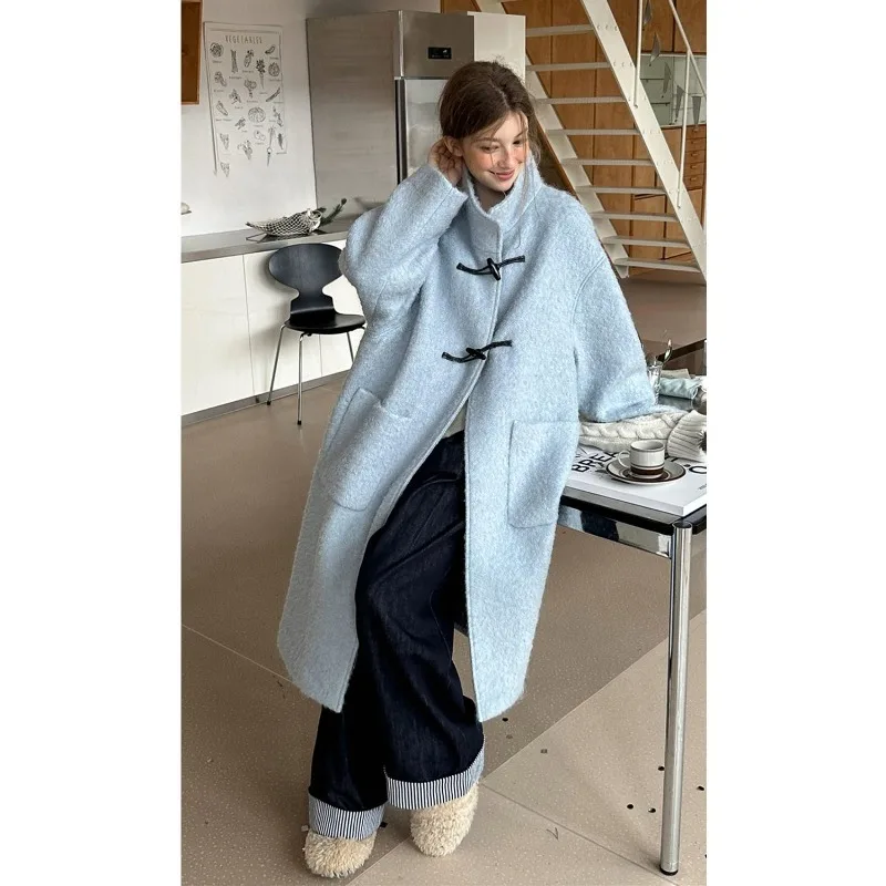 

Stand-up Collar Straight Contrasting Color Horn Buckle Ring Woolen Long Coat Winter Temperament Commuter Jacket