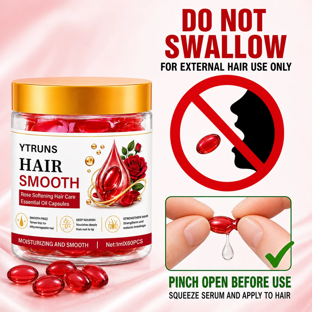 Rose Hair Oil Capsules, Smoothing Hair Oil Serum and Conditioner for Soft, Manageable Hair, Daily Care, For External Use Only