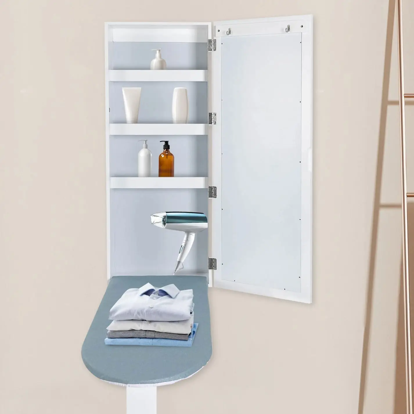 

Multi-Functional Wall-Mounted Ironing Board Wall Mirror Cabinet Iron Board Folding Ironing Board Storage Cabinet for Home