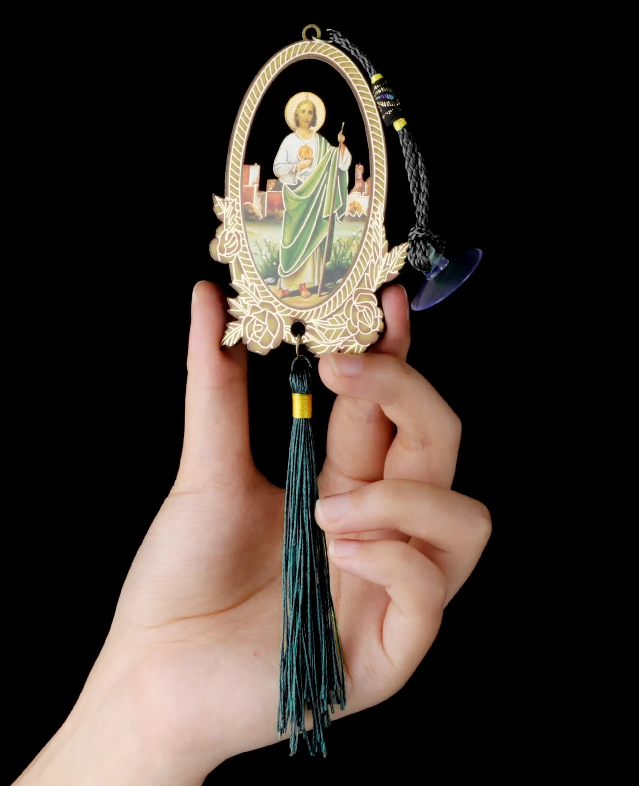2Pcs Wooden Catholic Patron Saint Jude Charms Sacred Jesus Heart Pendant Tassel Fringe Car Hanging Ornament Jewelry Accessories