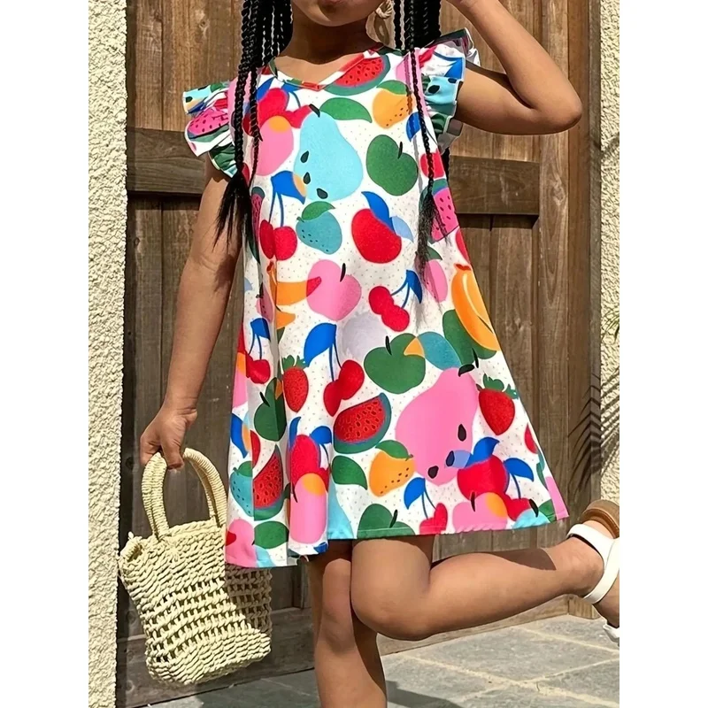 Girls' V-Neck Sleeveless Summer Casual Dress Colorful Fruit Pattern Energetic Vacation Style Full Print Perfect for Holiday