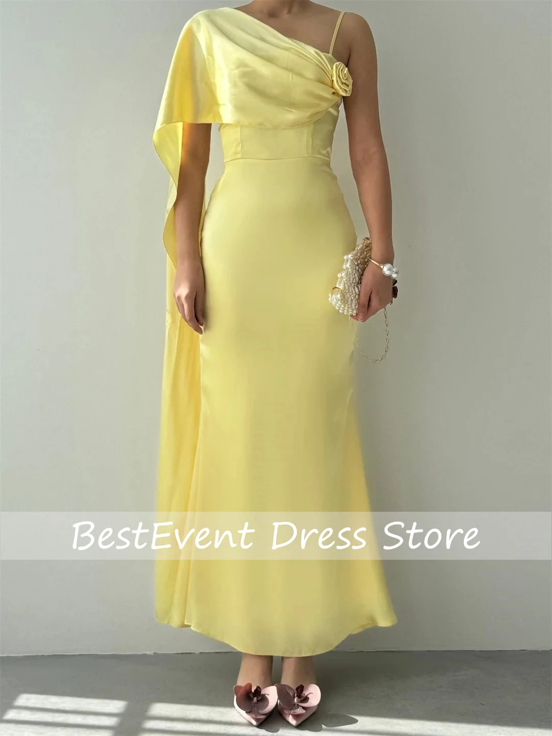 

Yellow One Shoulder Sheath Evening Dresses for Woman Elegant Backless Flowers Party Dresses for Special Occasions Customized