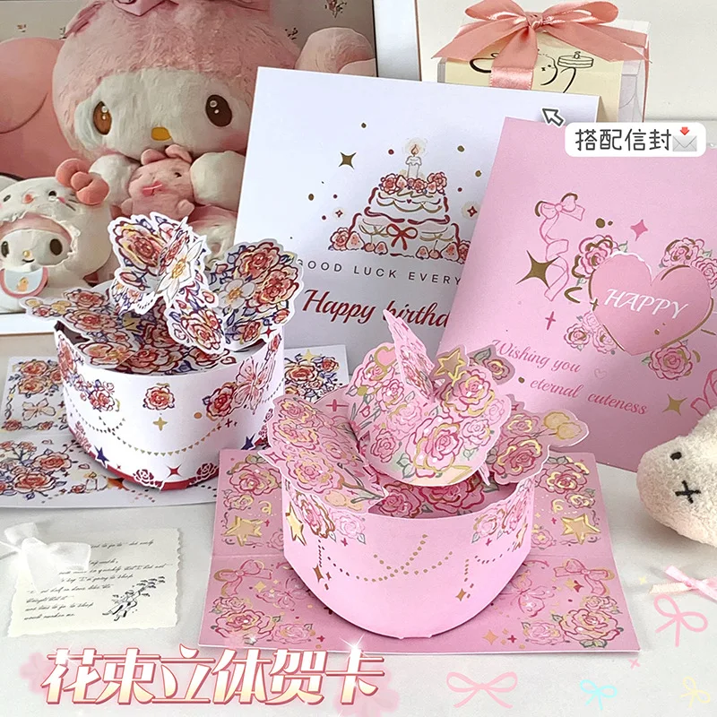 

Christmas 3D Pop-up Surprise Wishes Greeting Card Watercolor Flower Vintage Flower Holiday Message Good Wishes Card