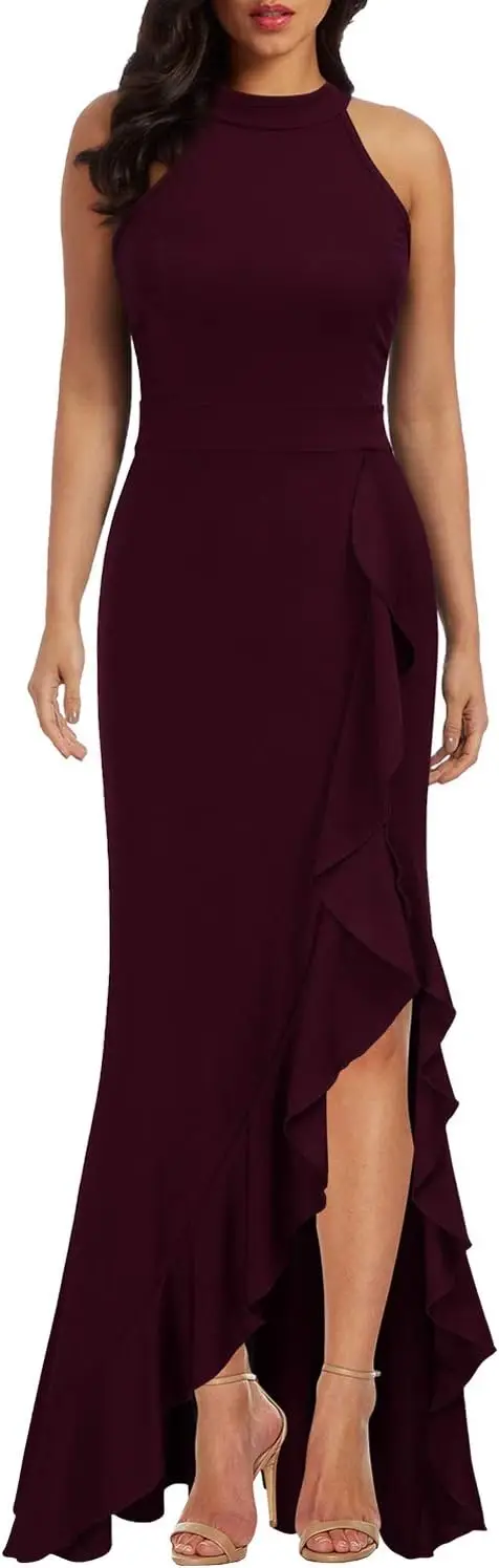 

Women's HighNeck Split Mermaid Evening Dress Chiffon Neck Hanging Off Shoulder,elegant Ruffle Edge CocktailDress Party,with Slit
