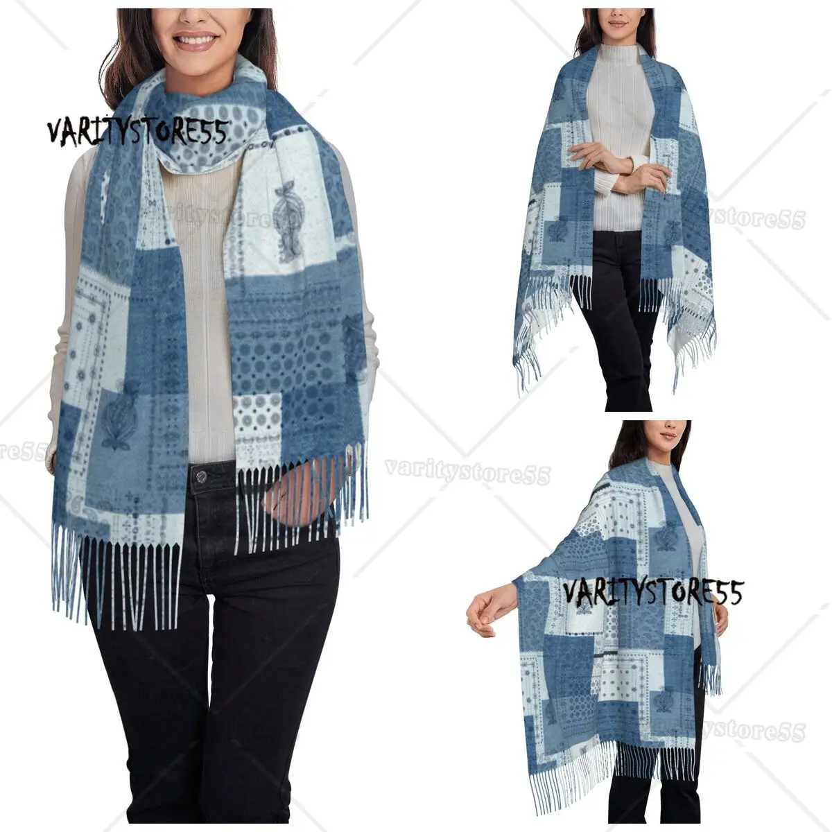 Denim Patchwork Paisley Pattern Shawls Wraps for Women Winter Warm Long Soft Scarf Pashminas Shawl Scarves