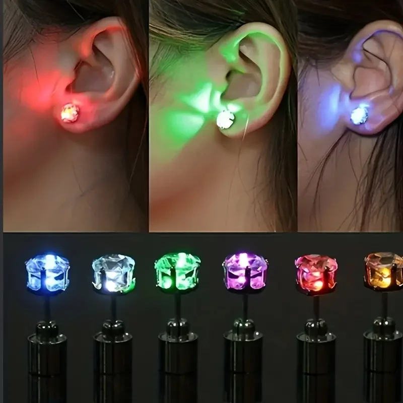 1Pair Cool Colorful Flashing LED Earrings,Zircon Colorful Change Party Stud Earrings, Glow In The Dark Party Supplies for Unisex