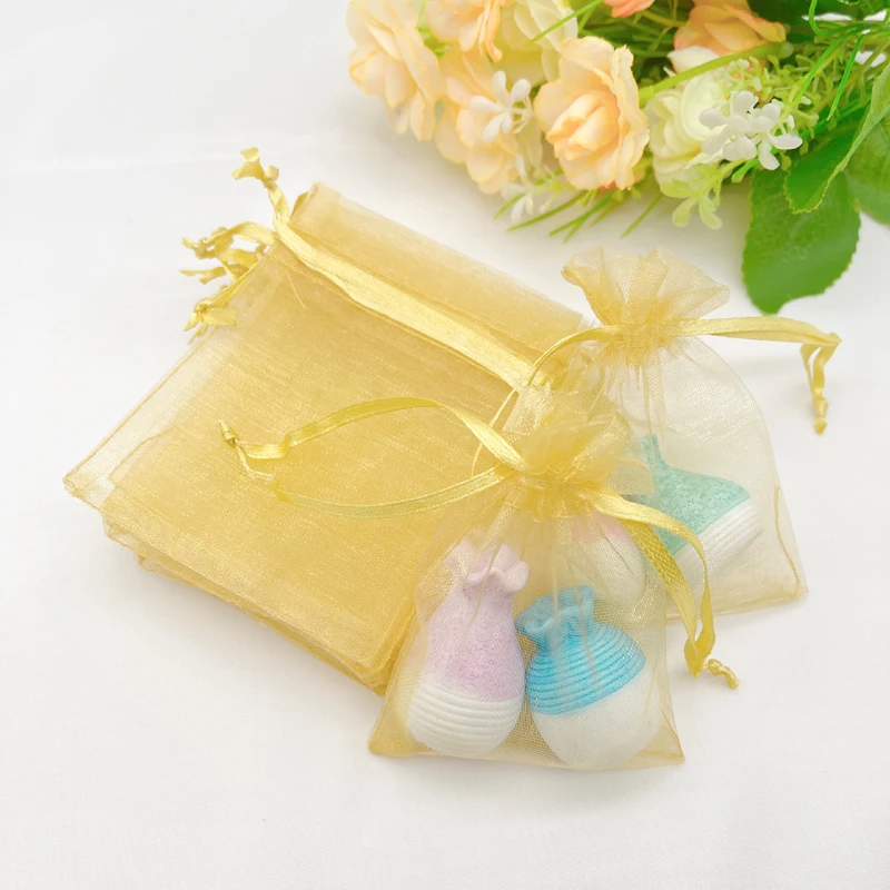 Gold Organza Gift Bag Drawstring Sachet Jewelry Pouch for Wedding Favors Christmas Candy Packaging Storage Party Supplies 100Pcs