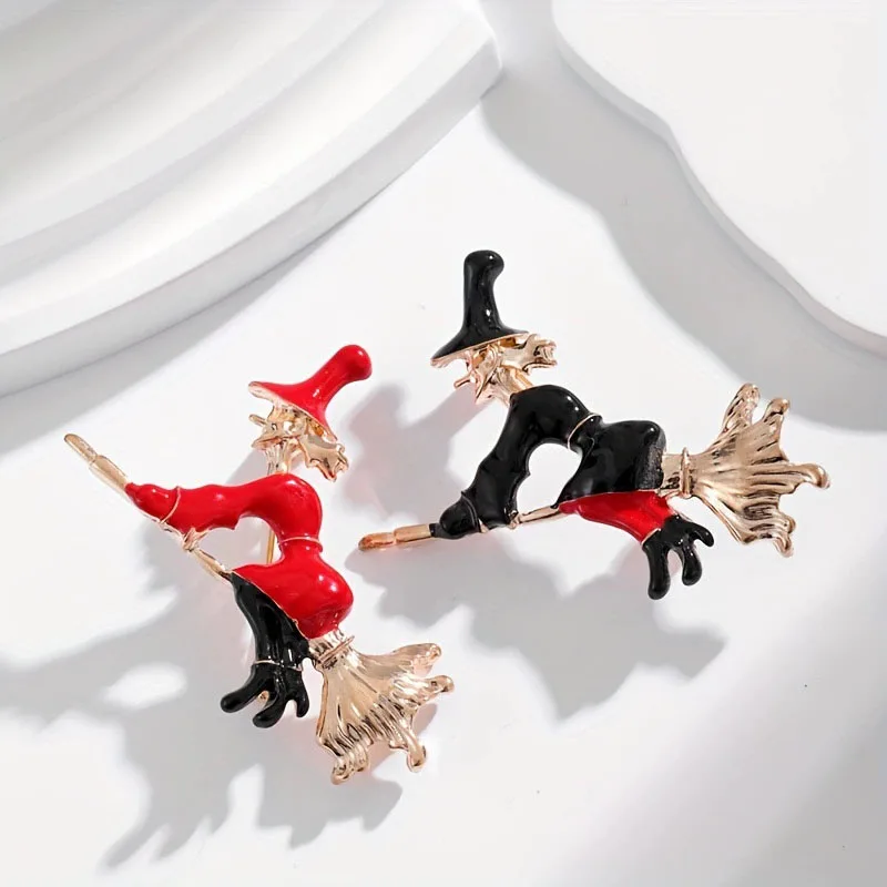 Halloween Witch Brooch,Featuring a Classic Broom-riding Witch Design with Vibrant Red and Black Colors for Striking Impact