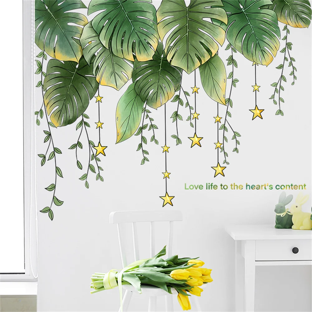 

2 Sheets Tropical Green Leaves Wall Stickers Self-adhesive Wall Decal Murals Wallpaper For Home Living Room Decoration