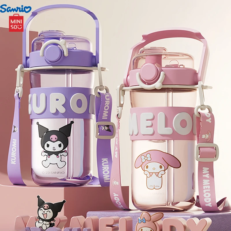 MINISO 475ML Kuromi Water Bottle With A Straw Transparent Tritan Cartoon My Melody Water Bottle Cute Cinnamoroll Crossbody Cup