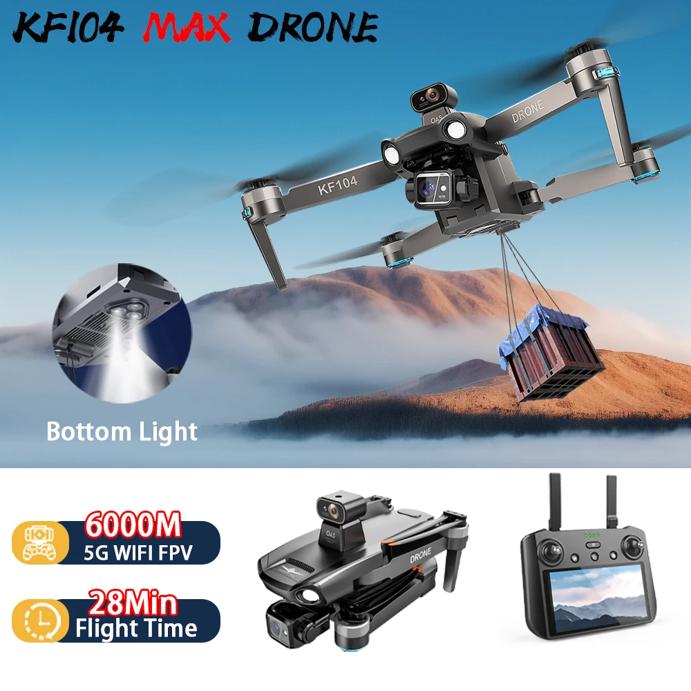 

Профессиональный Дрон KF104 MAX, 5 км, 8K EIS Двойная камера, FPV Дрон, обход препятствий, 3-осевой шарнир, радиоуправляемый самолет с экраном, детские игрушки