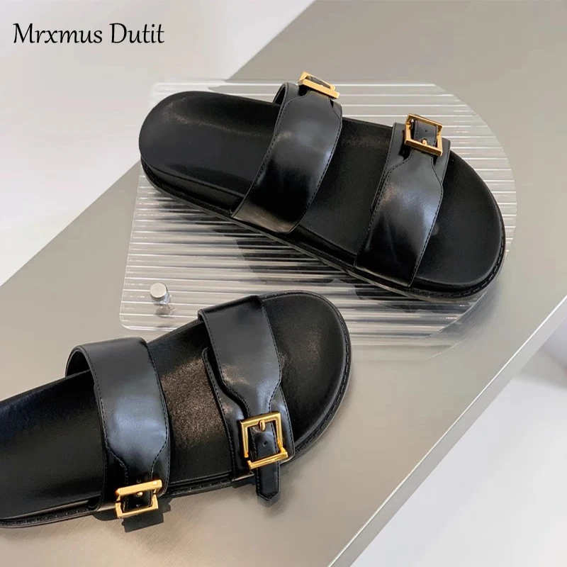 Mrxmus Dutit 2023 Summer British Retro Gold Buckle Casual Sandals Flat Sandals Fashion Leather Shoes Women\'s Shoes