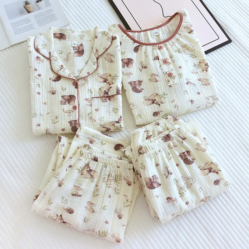 Women's Pajamas New Autumn Spring Long Sleeve Soft Sleepwear Set Squirrel Cartoon Pyjama Woman Home Nightwear Set Cardigan