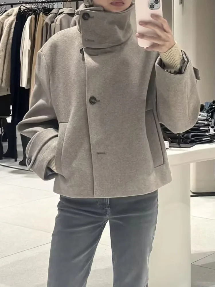 

HH Women Autumn High Stand Collar Long Sleeves Side Pockets Single Breasted Decoration Short Jacket Female Casual Street Coat