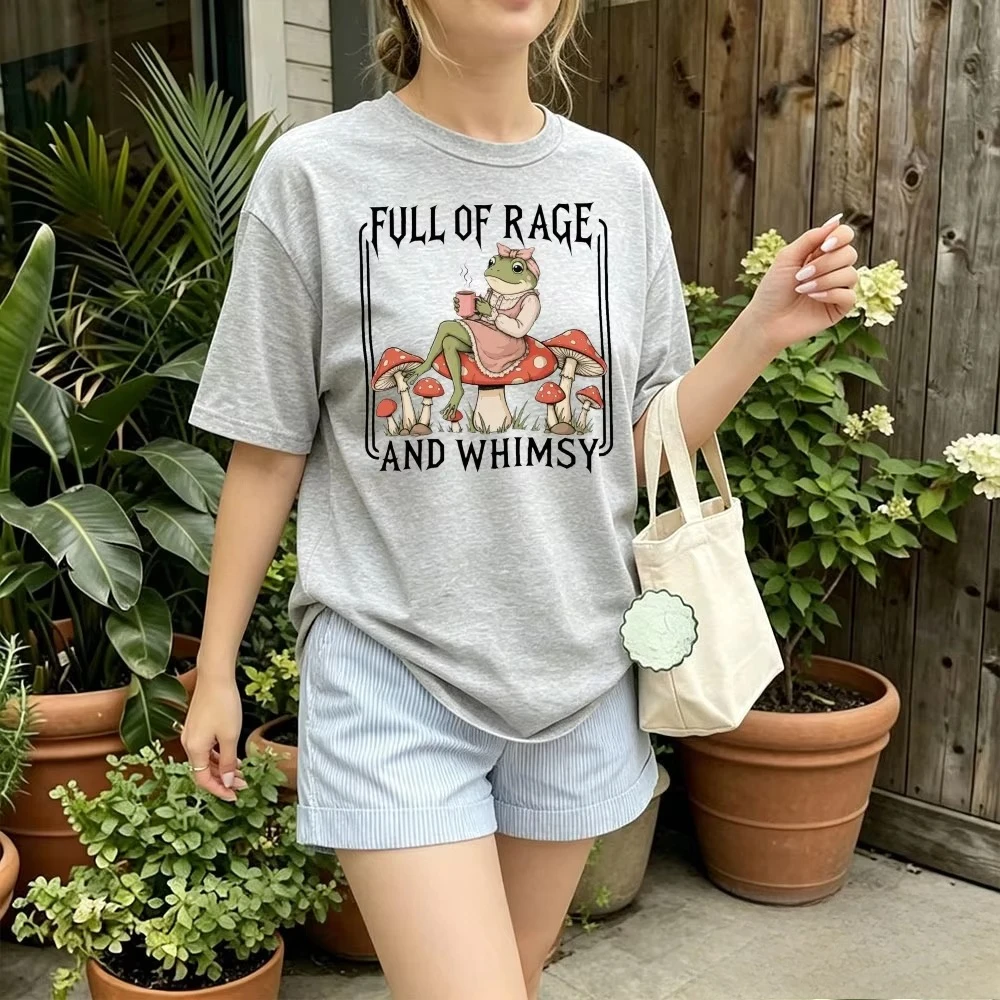Cottagecore Aesthetic T Shirt Gothic Whimsical Casual Tops Full of Rage and Whimsy Cottagecore Frog Mushroom Graphic T Shirt