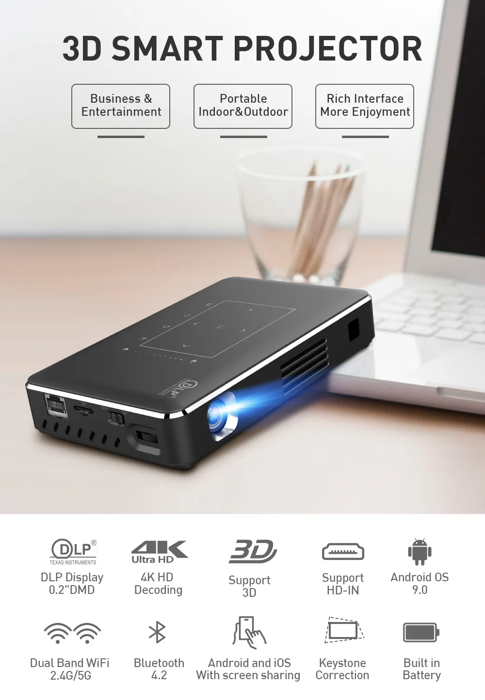 2026unique Portable Intelligent DLP Mini Pocket Projector Android 9.0 System 4K Decoding Support 3D Ready