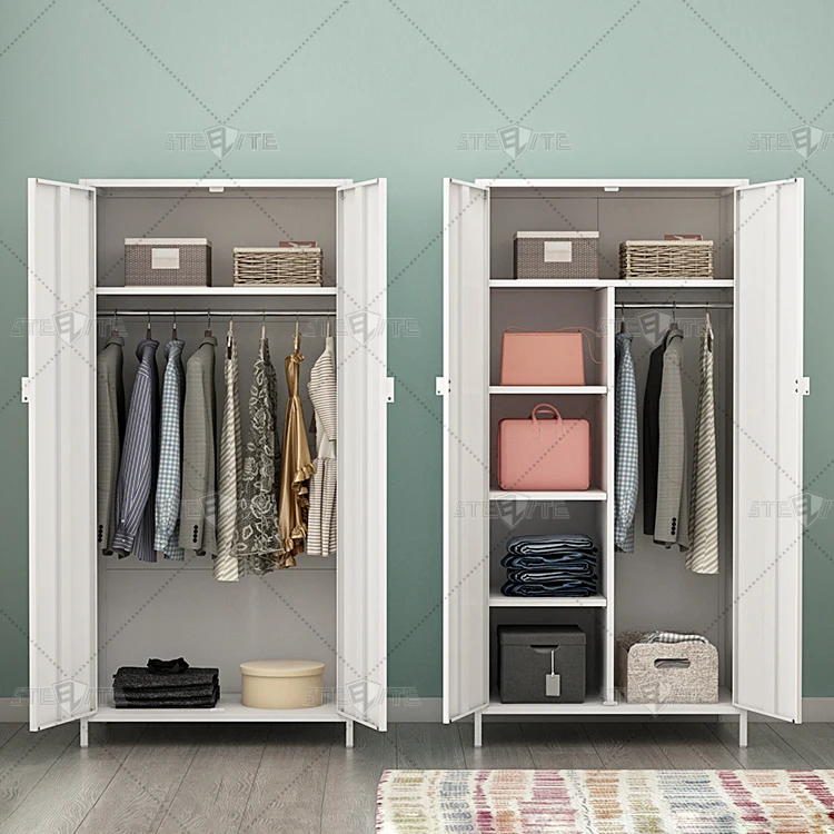 أثاث منزلي حديث خزانة ملابس معدنية ببابين مع قضيب تعليق وأرفف لغرفة النوم أو غرفة التغيير #3