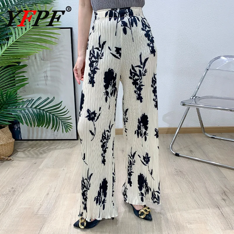 

YFPF Casual Printing Desing Pleated Wide Leg Trousers For Women Elastic Waist Loose Long Pants Fashion 2025 New Clothing 3A272