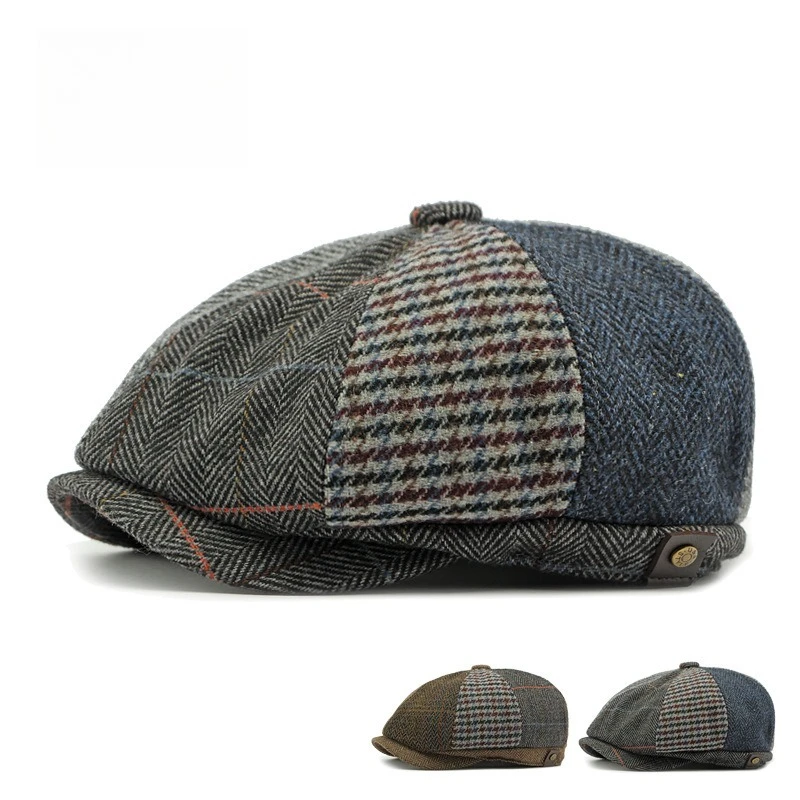 Men Vintage Patchwork Tweed Cap British Plaid Herringbone Newsboy Cap Retro Gatsby Beret Hat Autumn Winter Warm Driving Ivy Cap