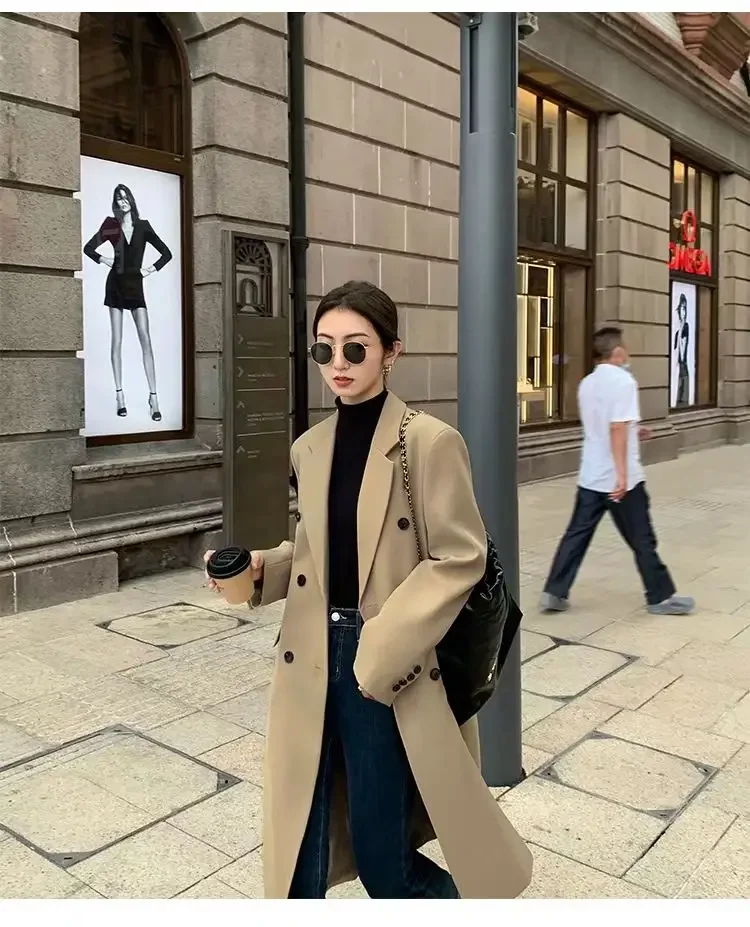 เสื้อโค้ทเทรนช์โค้ทสีกากีทันสมัยสำหรับผู้หญิง สไตล์เกาหลีใหม่ รุ่นสั้น กลาง ยาว คลุมเข่า