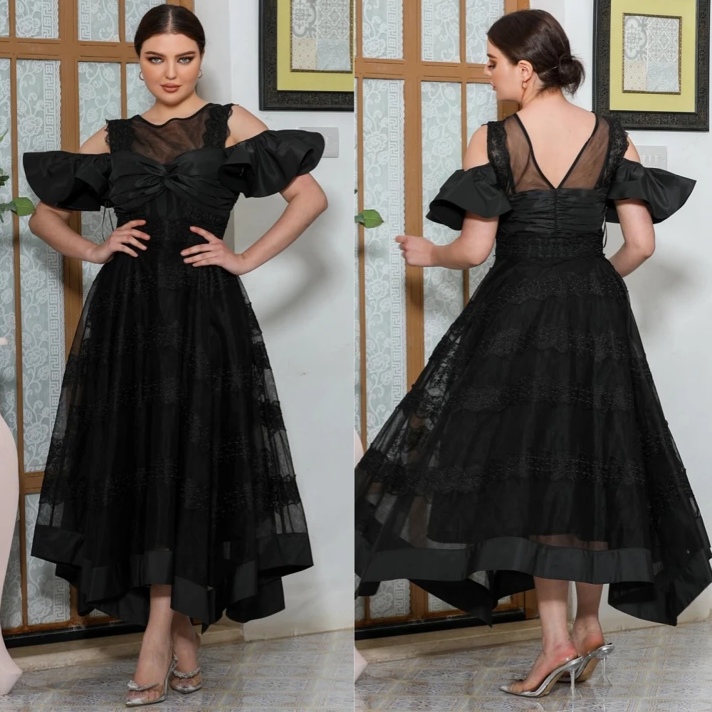 

Customized Evening Tulle Pattern Pleat A-line O-Neck Bespoke Occasion Gown Midi Es Saudi Arabia