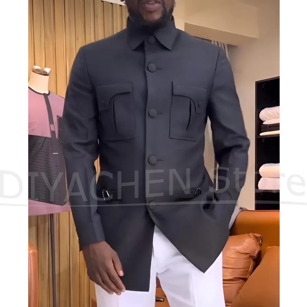 

Men Suit 2 Piece Long Sleeves Stand Collar Jacket and White Trousers Set Formal Wedding Groom Prom Business Party Casual Suits