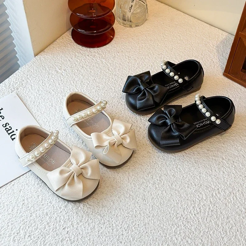 

Fashion Little Girl Pearl Flat Shoes 2026 New Children's Casual Princess Shoes Bow Children's Ballet Leather Shoes