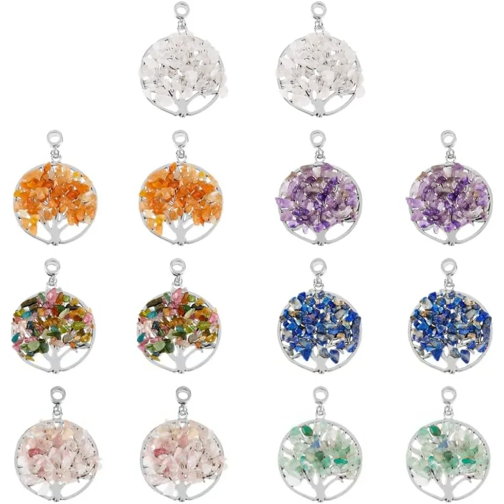 

14Pcs Alloy Tree of Life Pendants 7 Styles Quartz Gemstone Pendants Natural Mixed Stone Chip Beads Dangle Charms