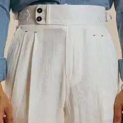 Linen  Retro Casual Pant British High Waist Pants Office-trouser Men Dress White Pant Trouser Straight Leg Pant Naples