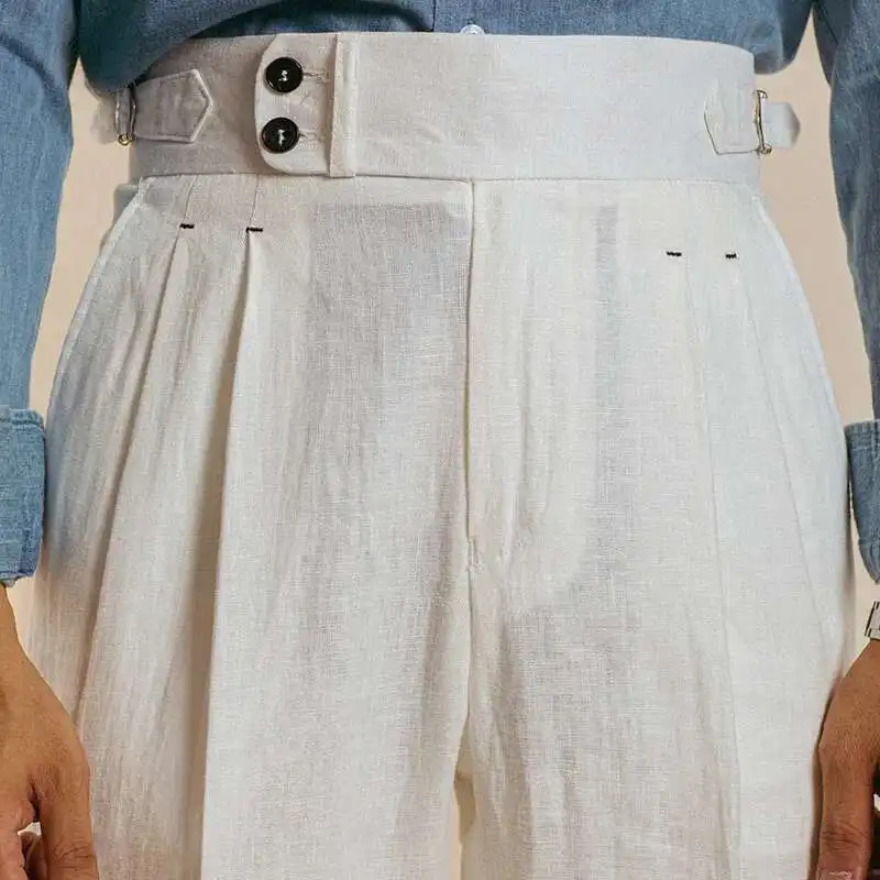 Linen  Retro Casual Pant British High Waist Pants Office-trouser Men Dress White Pant Trouser Straight Leg Pant Naples