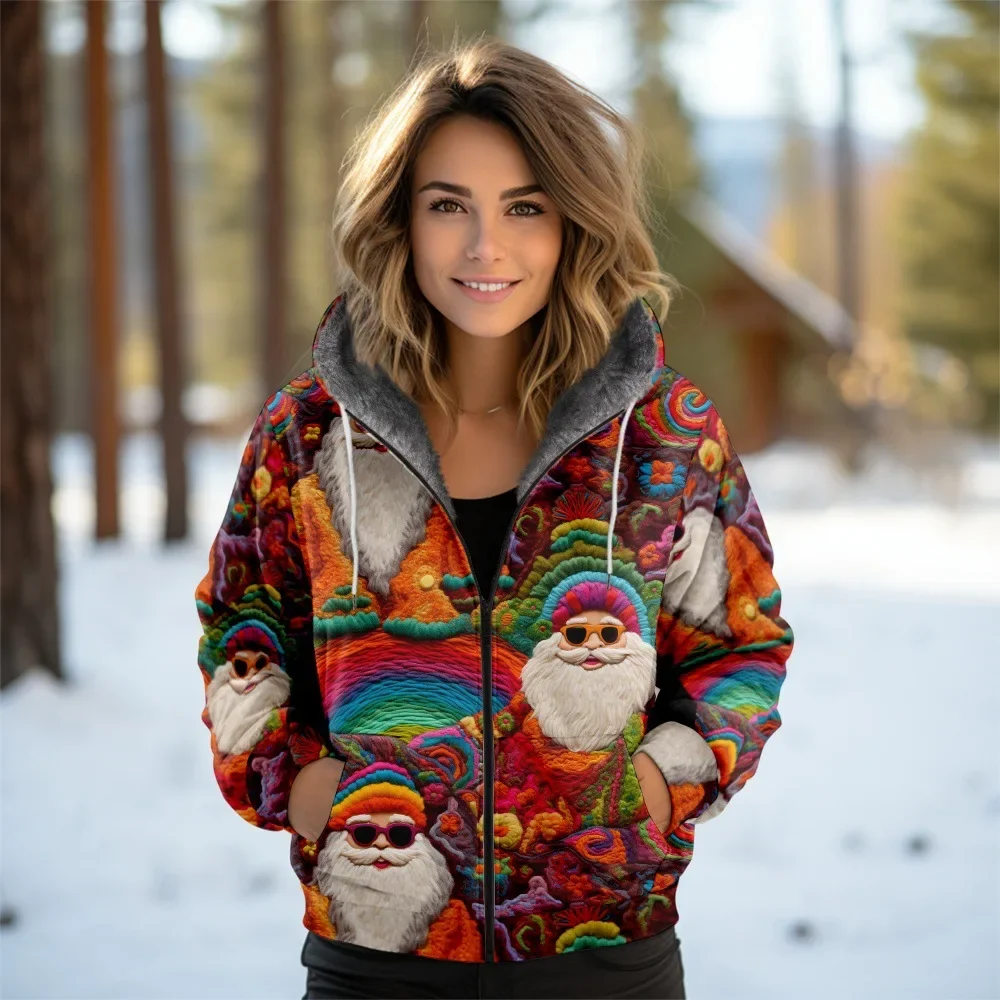 Cute Santa Claus Women's Sherpa-Lined Fleece Full-Zip Hooded Jacket Holiday Casual Coats Snowman Winter Warm Thick Outerwear