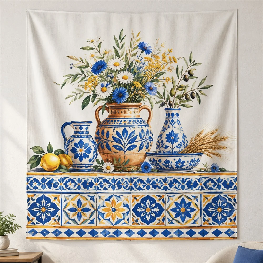 VIKAMA Terracotta Vase Flowers Layered Bands Tapestry Wall Hanging, Mediterranean Wall Decor Tapestries for Study Living Room