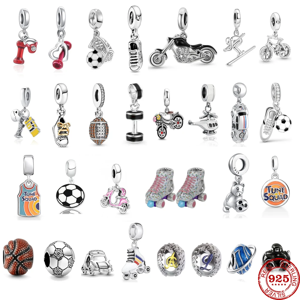 

New 925 Sterling Silver Sports football Dumbbell motorcycle Charm Bead Fit Original Pandora Bracelet DIY Women Jewelry Trinkets