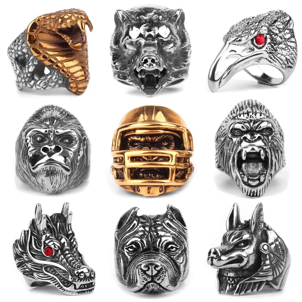 Stainless Steel Animal Men Rings Eagle Dog Dragon Bird Snake Punk Hip Hop Trendy For Male Boy Jewelry Creativity Gift Wholesale