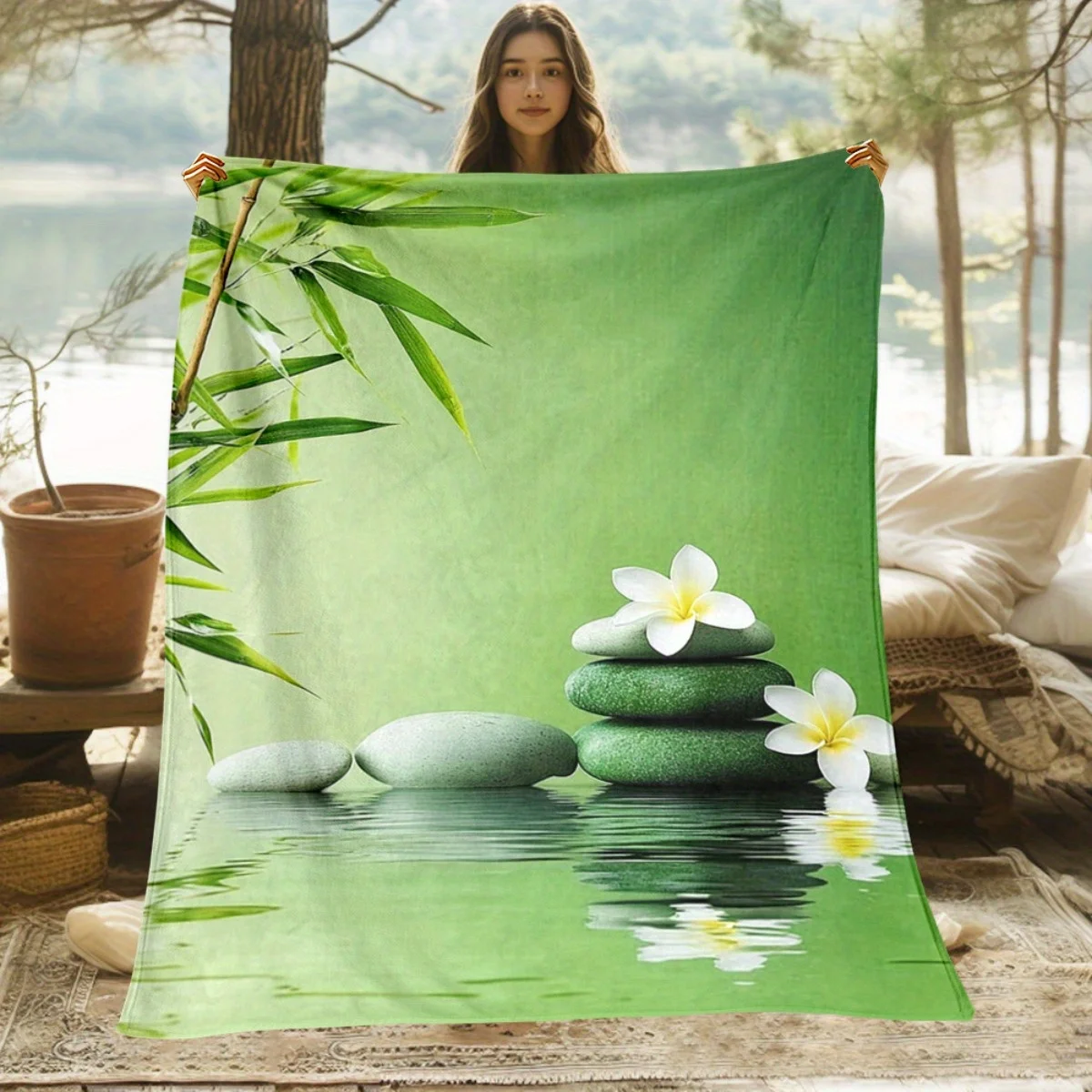Zen Bamboo Stones Water Lily Flannel Blanket Tranquil Nature Scene Spa Meditation Design Soft Fleece Throw Blanket forRelaxation