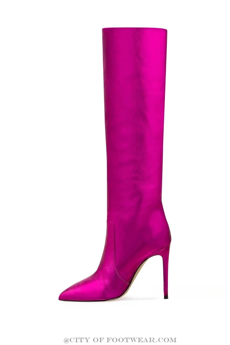 

Metallic Leather Women Knee High Boots Big Size Stilettos Pointed Toe High Heels Luxury Long Boot zapatos para mujeres Fall