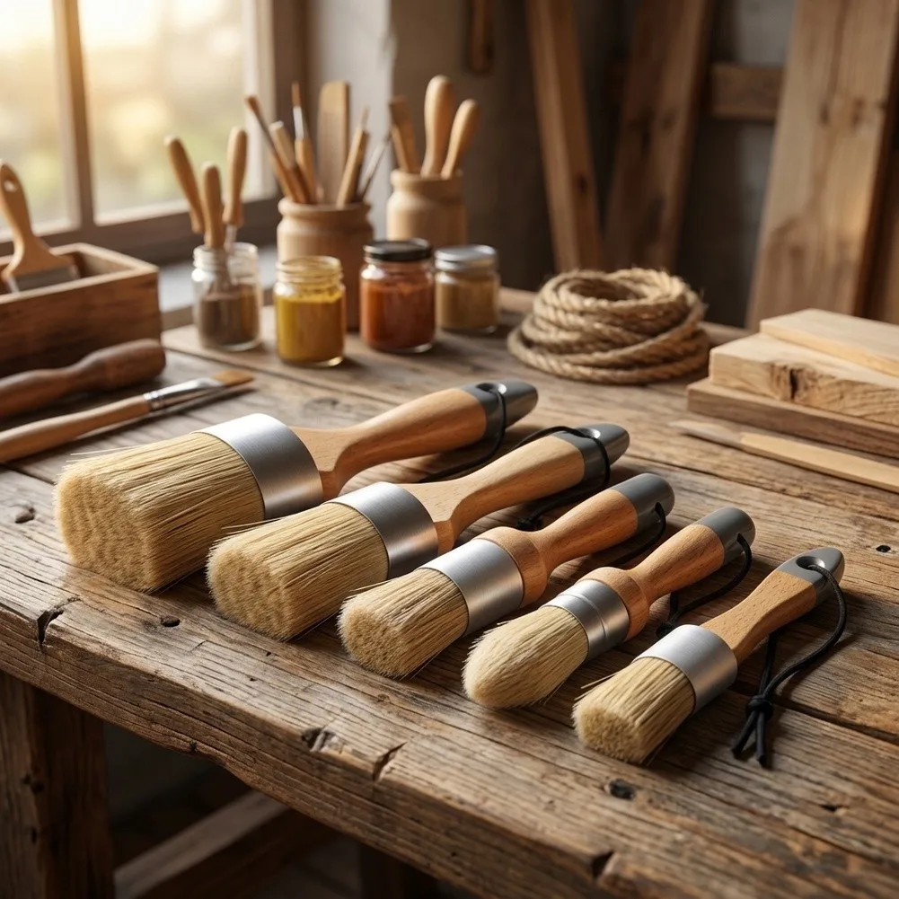 Wood Handle Painting Tools Chalk Paint Brush Set For Effortless Furniture Waxing Pig Bristle Material For Soft Wax Application